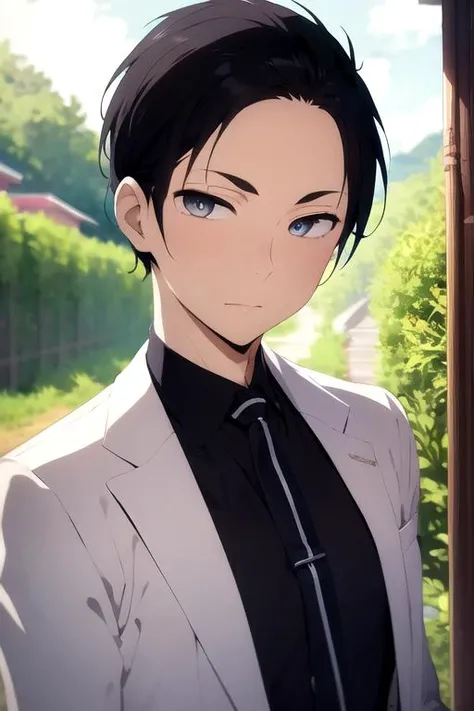 masterpiece, best quality, wallpaper, 1boy, solo, male focus, looking at viewer, upper body, depth of field, <lora:daisuke_kanbe:0.76>, daisuke_kanbe, black hair, grey eyes, superhero costume, A tropical paradise where the sun shines brightly every day, 16k resolution