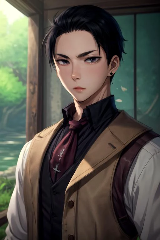 masterpiece, best quality, illustration, 1boy, solo, male focus, looking at viewer, upper body, depth of field, <lora:daisuke_kanbe:0.68>, daisuke_kanbe, black hair, grey eyes, , , The Isle of Doom, 4k resolution