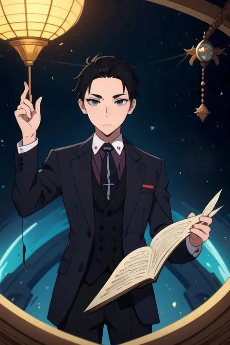 masterpiece, best quality, illustration, 1boy, solo, male focus, looking at viewer, , depth of field, <lora:daisuke_kanbe:0.68>, daisuke_kanbe, black hair, grey eyes, conductor costume, Oz: A land of enchantment, where anything is possible,