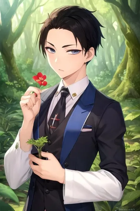 masterpiece, best quality, game cg, 1boy, solo, male focus, looking at viewer, upper body, , <lora:daisuke_kanbe:0.74>, daisuke_kanbe, black hair, grey eyes, jester costume, An enchanted forest where magical creatures and plants abound,
