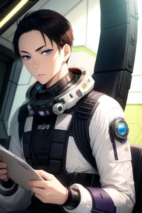 Absurd resolution, high resolution, (masterpiece: 1.4), hyper-detailed, young man dressed up as a messy black short-haired pilot, operating in an extremely small mech cockpit