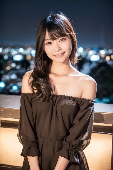 1girl, (wearing an off-the-shoulder dress:1.4),(RAW photo, best quality), (realistic, photo-realistic:1.4), masterpiece, an extremely delicate and beautiful, extremely detailed, 2k wallpaper, Amazing, finely detail, extremely detailed CG unity 8k wallpaper, ultra-detailed, highres, soft light, beautiful detailed girl, extremely detailed eyes and face, beautiful detailed nose, beautiful detailed eyes,(cinematic lighting:0.8),(in the city at night:2.0),(night city view:1.8),perfect anatomy,slender body,laugh,(young japanese girl:1.8),(upper body:1.8),(look at viewer),(front view:1.8),cinematic angle,(cleavage:1.2),(wavy long hair),(brown eyes:1.6), <lora:iwataharuki_lora-02:0.8>