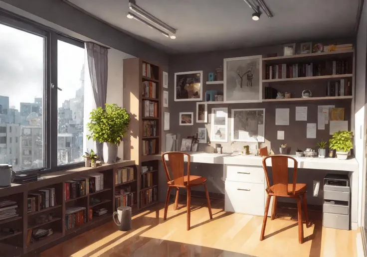 best quality, (master:1.2), reflection light, master piece, finely detailed, cinematic angle,books on the table, open book, coffee cup on the table , coffee mug, window, city outside the window, rain on the window, raining outside the window, window in front of the desk, window on the left, desk on the left, desk, bookshelf on the background, shelf, shelf on the wall, Small potted plant on the shelf, small potted plant, (coffee pot on the shelf:0.7), (coffee pot:0.8), clock on the wall,no humans,