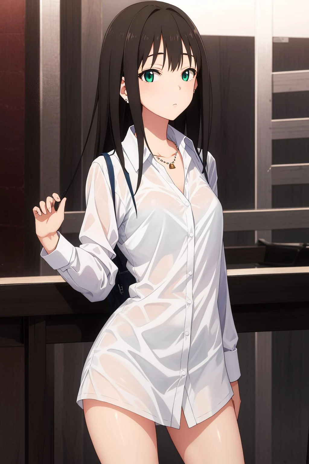 shibuya rin, dress shirt, white shirt, earrings, no panties,