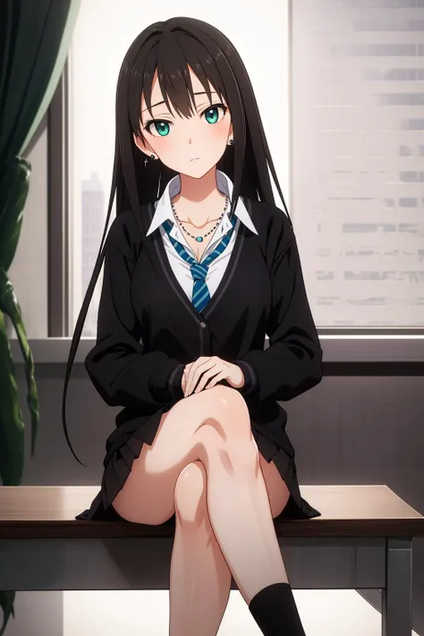 shibuya rin,naked,school uniform,earrings,black skirt, facing viewer, looking at viewer, medium breasts,crossed legs,sit,expressionless,