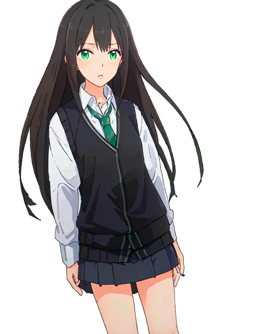 masterpiece, best quality, 8k, "visual novel"
<lora:add_detail:-0.75>
<lora:Kindred_Spirits_on_the_Roof.v2-000005:0.75> kd_vnstyle
1girl, (solo)
(simple white background)
" "
facing viewer,
<lora:shibuya_rin:0.7> (shibuya_rin, long_hair, green_eyes, black sweater vest, skirt, socks, white shirt, break blue necktie),
