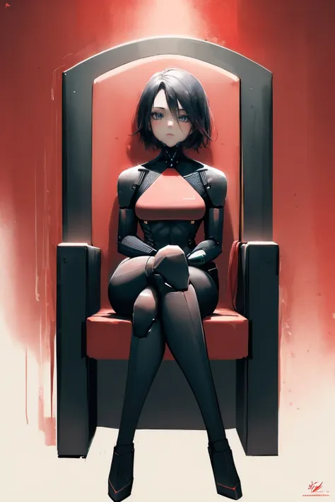 (masterpiece, best quality:1.2), red theme, solo, 1girl, elster, cyborg, expressionless, looking at viewer, sitting, crossed legs, chair, bodysuit, simple background, red background <lora:signalis_elster-11:1>