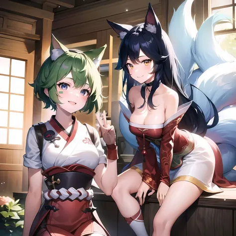 A white-haired single-ponytail cat lady and a short-haired cat lady with black hair with abs,scantily clad,Clothes are tattered,period costume,Ancient Chinese warriors,is shy,kneels on the ground