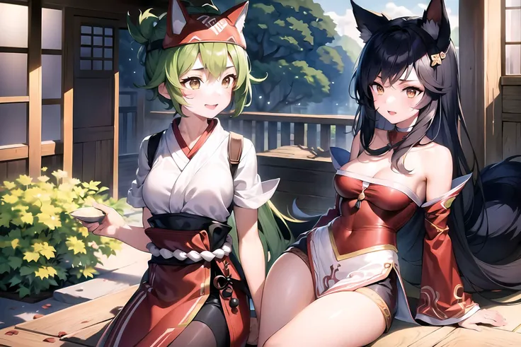 highest quality,wonderful,masterpiece,delicate,ultra high resolution,Super detailed,intricate details,beautiful,8K resolution,(Highly detailed CG Unity 8k wallpaper),sharp focus、anime、fiction、two women、dark green hair girl 、light purple hair,Metallic colored hair、short hair、Cat ear、big breasts、emphasize the chest、Upper breasts、vivid hair、Shaggy hair、messy hair、vivid skin、Glossy skin、 face、lolita、short、kawaii、beautiful瞳、sexy、happiness、Pleasure、smile、outdoors、In town、building street、Are standing、red kimono with flower pattern、green kimono with flower pattern、I can see your shoulders、lesbian、symmetry