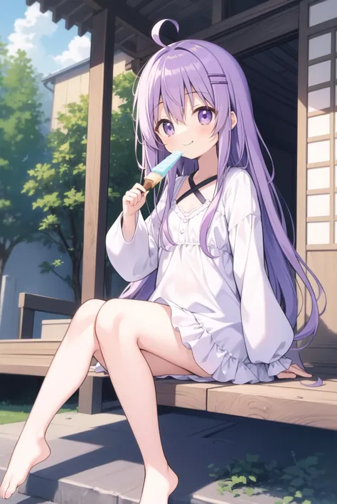 ((masterpiece, best quality, 8k, highres)), light purple hair, purple eyes, long hair, curvy hair, hair between eyes, ahoge, flat chest, flower hair pin, ultra detailed, 1girl, veranda, relaxed, eating ice cream, feet of the ground, sitting, happy, ((cute girl)), <lora:veranda_v0.1:0.9>