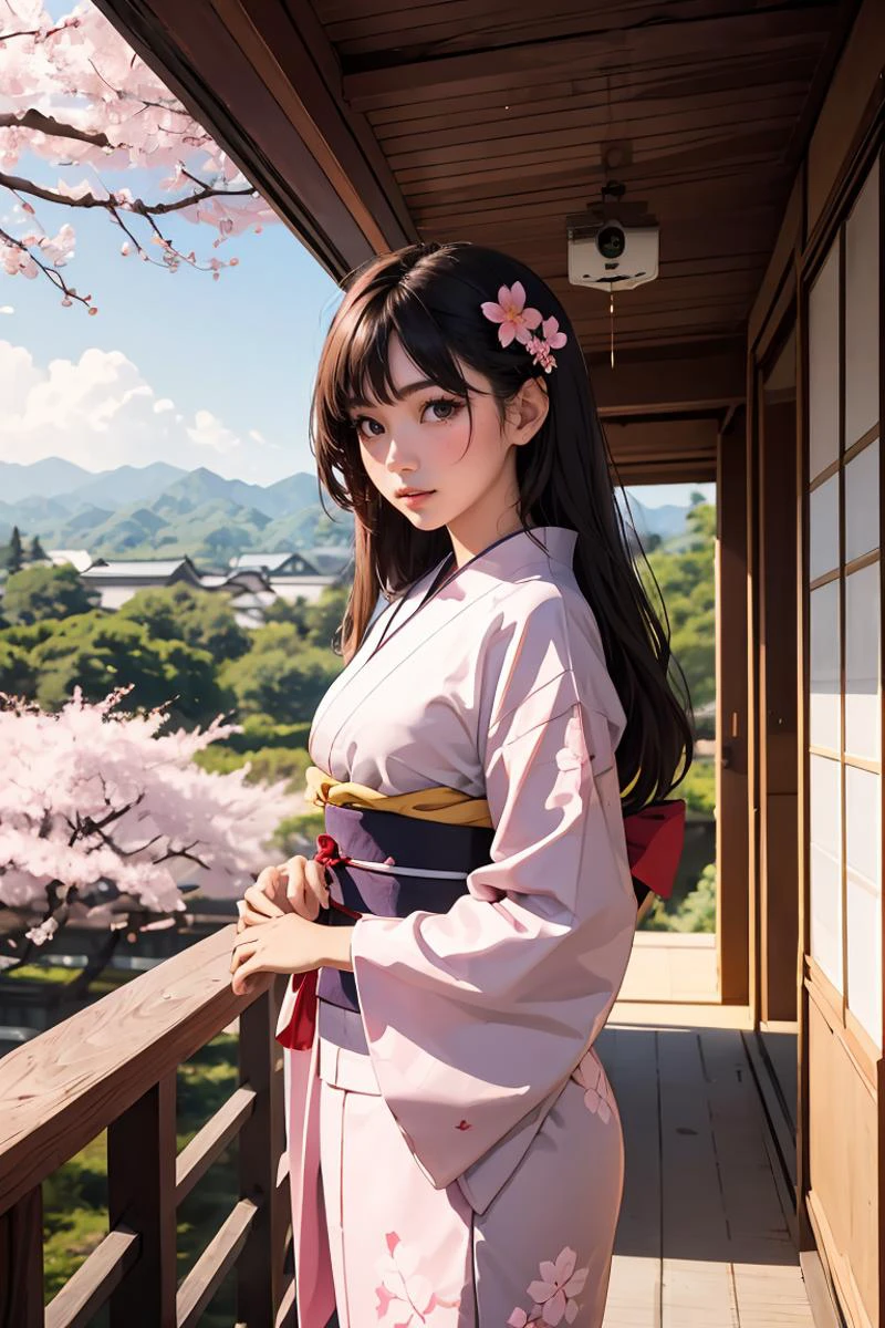 (masterpiece, best quality), 1girl, 22 years old, <lora:veranda_v0.1:1> veranda, japanese clothes, tabi, cherry blossoms,