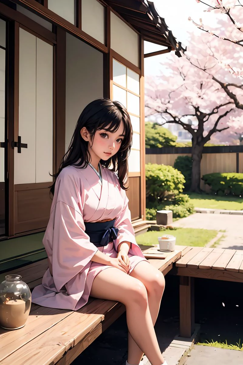 (masterpiece, best quality), 1girl, 22 years old, <lora:veranda_v0.1:1> veranda, sitting, japanese clothes, tabi, cherry blossoms,