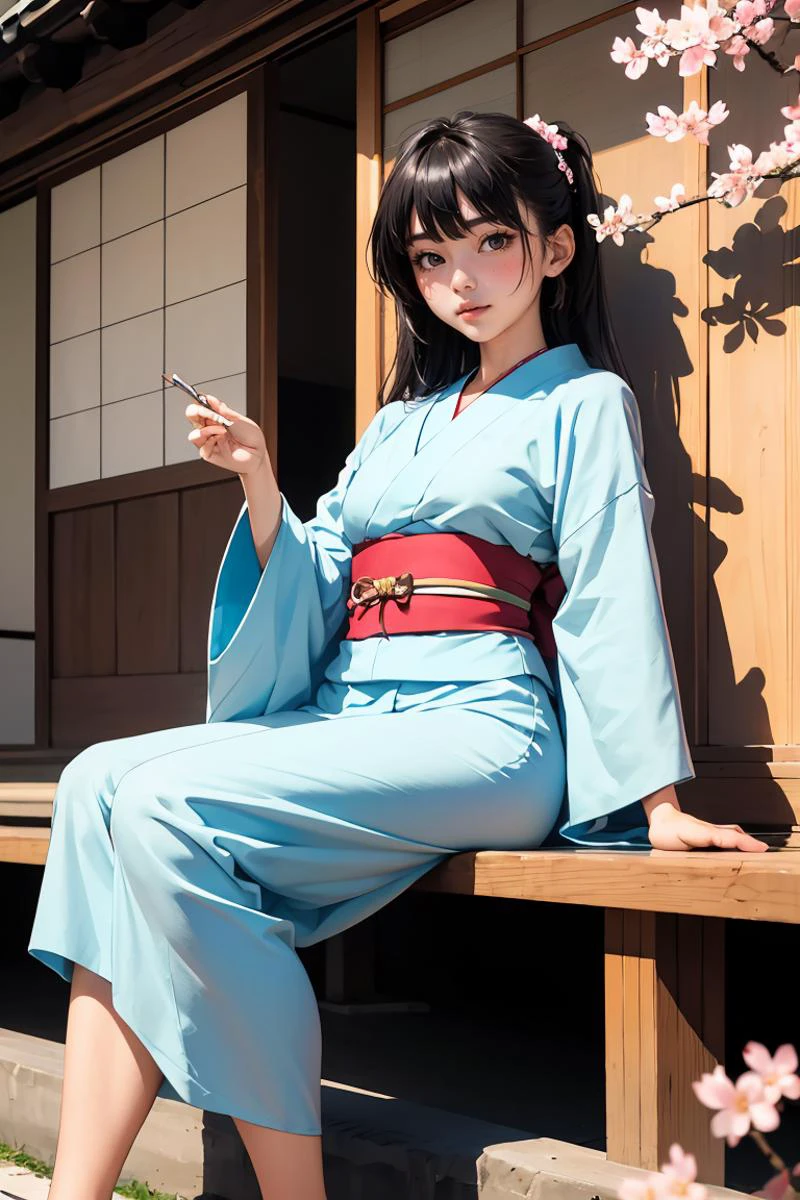(masterpiece, best quality), 1girl, 22 years old, <lora:veranda_v0.1:1> veranda, sitting, japanese clothes, tabi, cherry blossoms,
