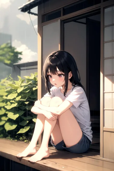 <lora:veranda_v0.1:1>
1girl, veranda, t-shirt, shorts, rain,
<lora:hugging_own_legs_v0.3:1> hugging own legs,, masterpiece, best quality, highly detailed