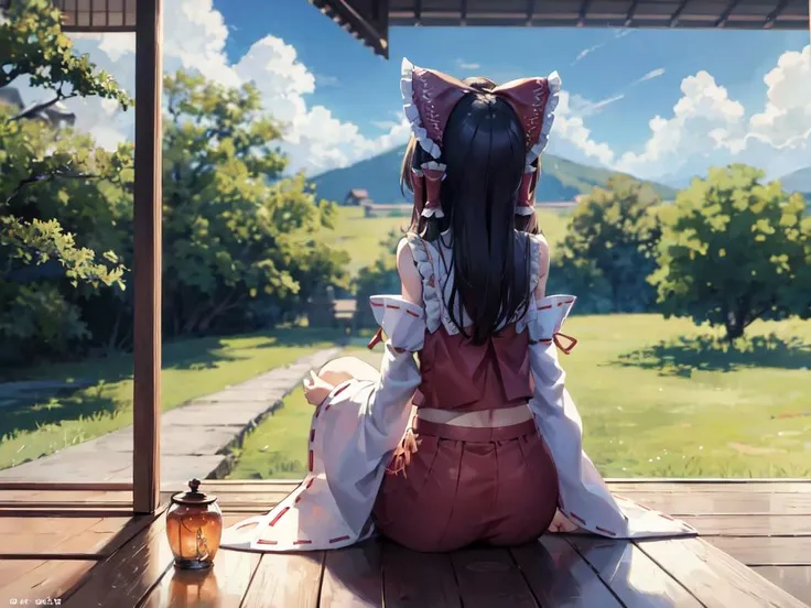 (best quality, masterpiece:1.2), ultra detailed, 1girl, <lora:reimu:0.8>, hakurei reimu, detached sleeves, miko,
<lora:veranda_v0.1:1>, sitting on veranda, wide shot,
distant view, from behind, scenic view, (faceless:1.2), blue sky, cloud, cobblestone,