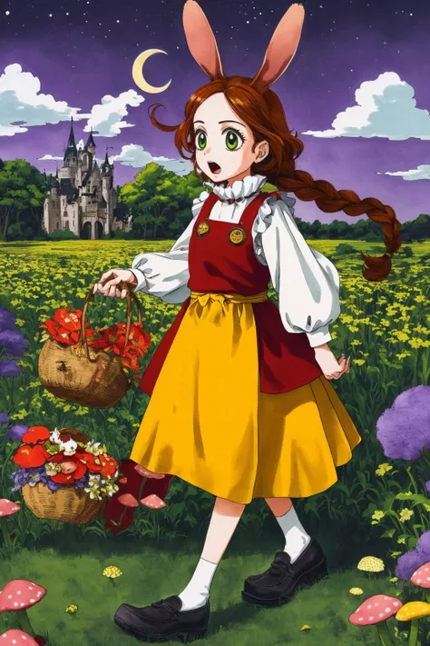 (Masterpiece, Best Quality:1.3), highres, 8k, highly detailed, 2d, (faux traditional media:1.3), manga, illustration, fantasy, thick lineart, outline, ((centered)), <lora:Sugar_Rune-20:0.85>, sugar_rune, red dress, braid, flower, head scarf, cloud, solo, rabbit, green eyes, 1girl, searching, floating hair, path, apron, basket, purple sky, open mouth, bird, tree, looking ahead, castle, moon, smoke, mushroom, chimney, pilgrim shoes, twin braids, walking, long hair, grass, brown hair, star (symbol), stars, ((depth of field)), 85mm, hyperrealistic, film grain, colorful