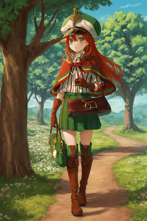 (Masterpiece, Best Quality:1.3), highres, 8k, highly detailed, 2d, (faux traditional media:1.3), manga, illustration, (mature female:!.3), fantasy, thick lineart, outline, ((centered)), <lora:Sugar_Rune-20:0.85>, sugar_rune, hair ribbon, solo, green eyes, 1girl, floating hair, ribbon, peacock feathers, ring, half gloves, kneehigh boots, capelet, striped shirt, standing, long sleeves, white background, closed mouth, handbag, feathered cap, chain, kilt, holding, simple background, long hair, jewelry, full body, orange hair, (depth of field), volumetric lighting, scenery, nature, path, grass, sky, enchanted forest