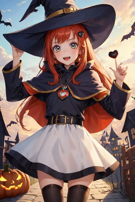 (Masterpiece, Best Quality:1.3), highres, 8k, highly detailed, 2d, illustration, <lora:Sugar_Rune-20:0.85>, sugar_rune, cowboy shot, looking at viewer, 1girl, solo, (detailed face, detailed eyes), ;d, victory pose, orange hair, long hair, flipped hair, bangs pinned back, heart hair ornament, striped thighhighs, loafers, two-tone cape, short dress, witch hat, buckle, belt, pendant, heart, standing, depth of field, halloween, sky