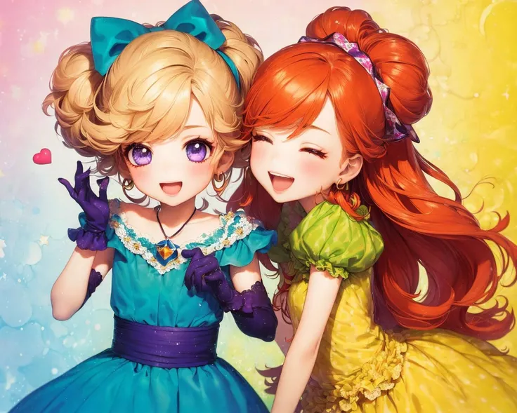 (Masterpiece, Best Quality:1.3), highres, 8k, highly detailed, 2d, (faux traditional media:1.3), manga, illustration, fantasy, thick lineart, outline, ((centered)), <lora:Sugar_Rune-20:0.8>, sugar_rune, :d, bangs, cowboy shot, sash, short hair, half updo, bow, doll dress, green eyes, heart (symbol), puffy sleeves, holding skirt, heart, pendant, frills, giggling, striped, ribbon, striped dress, lace trim, doughnut hair bun, purple eyes, open mouth, curly hair, earrings, shoulder-to-shoulder, 2girls, gloves, blonde hair, looking at viewer, half-closed eyes, star (symbol), wavy hair, large bow, fingernails, hairband, diamond, long hair, jewelry, wrist scrunchie, blush, bow hairband, upper body, orange hair, ((depth of field)), 85mm, hyperrealistic, film grain, colorful,
