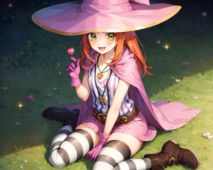 (Masterpiece, Best Quality:1.3), highres, 8k, highly detailed, 2d, illustration, <lora:Sugar_Rune-20:0.9>, ((centered)), 1990s \(style\), sugar_rune, (full body:1.2), looking at viewer, 1girl, solo, (detailed face, detailed eyes),  ;d, fangs, orange hair, long hair, (green eyes:1.1), full lips, holding wand, (sitting, wariza:1.2), gloves, (striped thighhighs:1.2), pink cape, pink short dress, witch hat, buckle, belt,  pendant, heart, boots, depth of field, sky, bloom:0.3, scenery, backlighting, (bokeh), ((shiny:1.4))