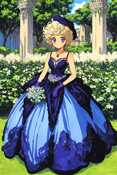 (Masterpiece, Best Quality:1.3), highres, 8k, highly detailed, 2d, (faux traditional media:1.3), manga, illustration, (mature female:1.3), fantasy, thick lineart, outline, ((centered)), <lora:Sugar_Rune-20:0.85>, (mid shot, full body), sugar_rune, flower, cowboy shot, flower dress, solo, purple eyes, 1girl, closed mouth, earrings, sleeveless, standing, holding bouquet, gloves, overgrowth, looking at viewer, outdoors, leaves, (blonde hair, short hair, curly hair:1.3),  victorian, courtyard, royal, (ballgown:1.5), jewelry, gloves, nature, ((depth of field)), 85mm, hyperrealistic, film grain, colorful, garden, lily (flower), bloom, shadow, (natural lighting:1.1), sunrays