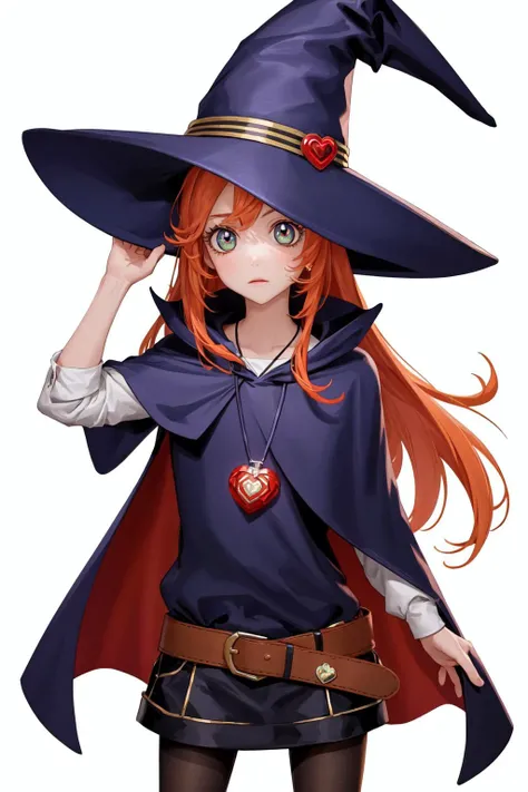 (Masterpiece, Best Quality:1.3), highres, 8k, highly detailed, 2d, illustration, <lora:Sugar_Rune-20:1>, sugar_rune, cowboy shot, looking at viewer, 1girl, solo, (detailed face, detailed eyes), victory pose, orange hair, long hair, flipped hair, bangs pinned back, heart hair ornament, loose socks, loafers, two-tone cape, short dress, witch hat, buckle, belt, pendant, heart, standing, depth of field