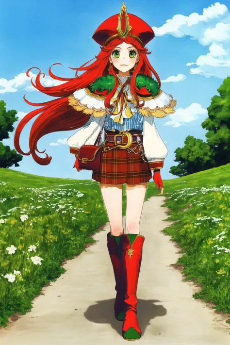 (Masterpiece, Best Quality:1.3), highres, 8k, highly detailed, 2d, (faux traditional media:1.3), manga, illustration, (mature female:!.3), fantasy, thick lineart, outline, ((centered)), <lora:Sugar_Rune-20:0.85>, sugar_rune, hair ribbon, solo, green eyes, 1girl, floating hair, ribbon, peacock feathers, ring, half gloves, kneehigh boots, capelet, striped shirt, standing, long sleeves, white background, closed mouth, handbag, feathered cap, chain, kilt, holding, simple background, long hair, jewelry, full body, orange hair, (depth of field), volumetric lighting, scenery, nature, path, grass, sky, enchanted forest