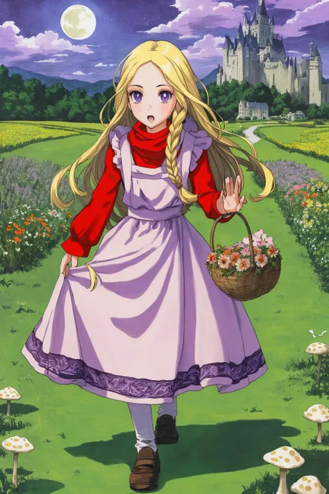 (Masterpiece, Best Quality:1.3), highres, 8k, highly detailed, 2d, (faux traditional media:1.3), manga, illustration, fantasy, thick lineart, outline, ((centered)), <lora:Sugar_Rune-20:0.7>, sugar_rune, dress, braid, flower, head scarf, cloud, solo, purple eyes, 1girl, searching, floating hair, path, apron, basket, purple sky, open mouth, bird, tree, looking ahead, castle, moon, mushroom, pilgrim shoes, twin braids, walking, long hair, grass, (blonde hair:1.2), stars, ((depth of field)), 85mm, hyperrealistic, film grain, colorful