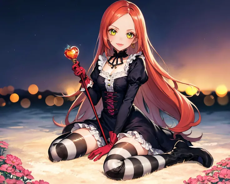 masterpiece, best quality, stadia-chan, huge ahoge, (multicolored eyes:1.6), ascot, white shirt, orange skirt, gloves, orange thighhighs, white shoes, sitting, park bench, sky, night <lora:stadiachan-nvwls-v1:0.9>