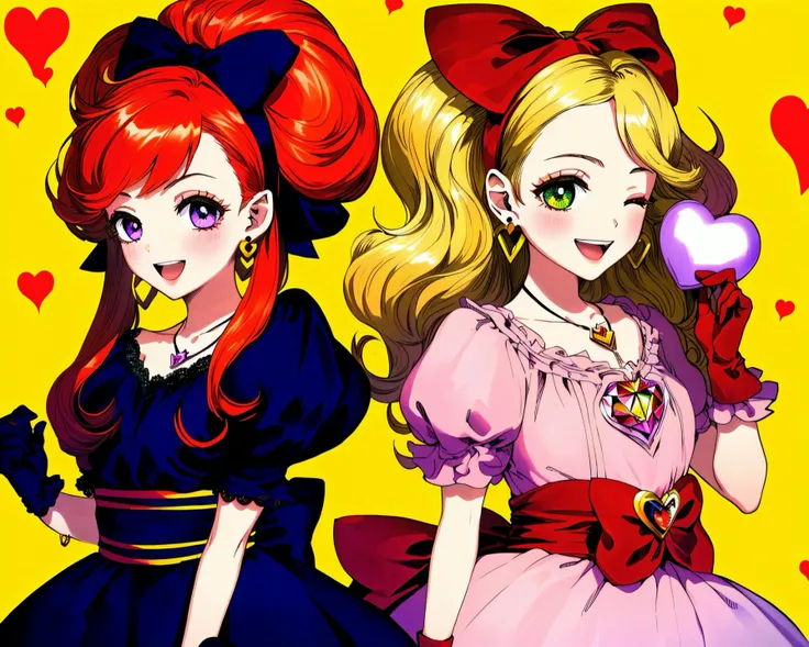 (Masterpiece, Best Quality:1.3), highres, 8k, highly detailed, 2d, (faux traditional media:1.3), manga, illustration, fantasy, thick lineart, outline, ((centered)), <lora:Sugar_Rune-20:0.8>, sugar_rune, :d, bangs, cowboy shot, sash, short hair, half updo, bow, doll dress, green eyes, heart (symbol), puffy sleeves, holding skirt, heart, pendant, frills, giggling, striped, ribbon, striped dress, lace trim, doughnut hair bun, purple eyes, open mouth, curly hair, earrings, shoulder-to-shoulder, 2girls, gloves, blonde hair, looking at viewer, half-closed eyes, star (symbol), wavy hair, large bow, fingernails, hairband, diamond, long hair, jewelry, wrist scrunchie, blush, bow hairband, upper body, orange hair, ((depth of field)), 85mm, hyperrealistic, film grain, colorful,
