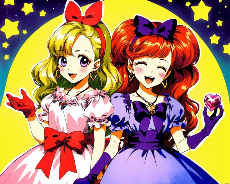 (Masterpiece, Best Quality:1.3), highres, 8k, highly detailed, 2d, (faux traditional media:1.3), manga, illustration, fantasy, thick lineart, outline, ((centered)), <lora:Sugar_Rune-20:0.8>, sugar_rune, :d, bangs, cowboy shot, sash, short hair, half updo, bow, doll dress, green eyes, heart (symbol), puffy sleeves, holding skirt, heart, pendant, frills, giggling, striped, ribbon, striped dress, lace trim, doughnut hair bun, purple eyes, open mouth, curly hair, earrings, shoulder-to-shoulder, 2girls, gloves, blonde hair, looking at viewer, half-closed eyes, star (symbol), wavy hair, large bow, fingernails, hairband, diamond, long hair, jewelry, wrist scrunchie, blush, bow hairband, upper body, orange hair, ((depth of field)), 85mm, hyperrealistic, film grain, colorful,