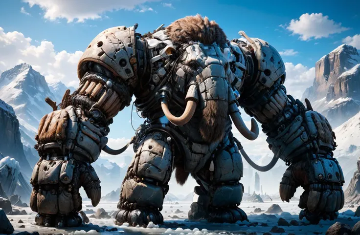 amazing quality, masterpiece, best quality, hyper detailed, ultra detailed, UHD, HDR, wide-angle lens, futuristic,
a mammoth standing in ice land,
<lora:cfc-giant-mechanical-arms:0.5>, giant mechanical arms,
<lora:add-detail-xl:0.75>,
<lora:dvr-stnd:1> dvr-stnd,
<lora:EnvyBetterHiresFixXL01:1.0>,
<lora:extremely_detailed:1.2> extremely detailed,