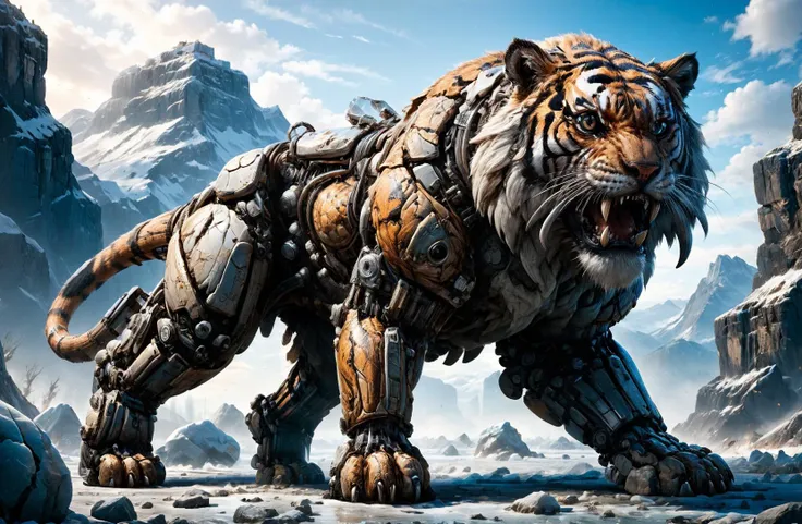 amazing quality, masterpiece, best quality, hyper detailed, ultra detailed, UHD, HDR, wide-angle lens, futuristic,
a saber-toothed tiger standing at ice land, opened mouth, long teeth,
<lora:cfc-giant-mechanical-arms:0.5>, giant mechanical arms,
<lora:add-detail-xl:0.75>,
<lora:dvr-stnd:1> dvr-stnd,
<lora:quality1:1.0>,
<lora:extremely_detailed:1.2> extremely detailed,