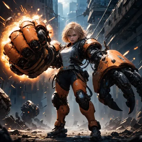 amazing quality, masterpiece, best quality, hyper detailed, ultra detailed, UHD, HDR, DOF, depth of field, perfect anatomy, sci-fi,
1 girl, blond hair, (orange) giant mechanical arms, fighting stance, hand up, angry,
glowing, shine, dazzling, war, explosion in background, outstretched arm, outstretched hand,
<lora:cfc-giant-mechanical-arms:0.8>,
<lora:add-detail-xl:0.75>,
<lora:EnvyBetterHiresFixXL01:1.0>,
<lora:extremely_detailed:1.0>, extremely detailed,