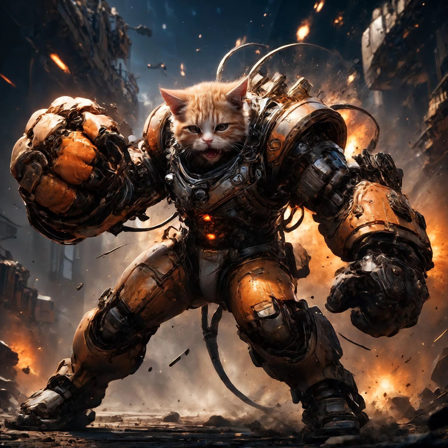amazing quality, masterpiece, best quality, hyper detailed, ultra detailed, UHD, HDR, DOF, depth of field, sci-fi,
cat, (orange hybrid gold:1.2) giant mechanical arms, fighting stance, hand up,( opened mouth, angry:1.2), spacecraft in background,( punching:1.3),
glowing, shine, dazzling, (explosion:1.2) in background, outstretched arm, outstretched hand, (night:1.2),
<lora:cfc-giant-mechanical-arms:0.8>,
<lora:ral-vlntxplzn-sdxl:0.5>, ral-vlntxplzn,
<lora:EnvyActionShotXL01:0.75>, action shot,
<lora:add-detail-xl:0.7>,
<lora:EnvyBetterHiresFixXL01:1.0>,
<lora:extremely_detailed:0.7>, extremely detailed,