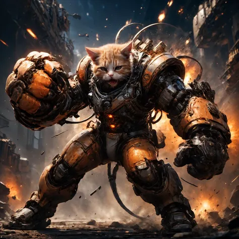 amazing quality, masterpiece, best quality, hyper detailed, ultra detailed, UHD, HDR, DOF, depth of field, sci-fi,
cat, (orange hybrid gold:1.2) giant mechanical arms, fighting stance, hand up,( opened mouth, angry:1.2), spacecraft in background,( punching:1.3),
glowing, shine, dazzling, (explosion:1.2) in background, outstretched arm, outstretched hand, (night:1.2),
<lora:cfc-giant-mechanical-arms:0.8>,
<lora:ral-vlntxplzn-sdxl:0.5>, ral-vlntxplzn,
<lora:EnvyActionShotXL01:0.75>, action shot,
<lora:add-detail-xl:0.7>,
<lora:EnvyBetterHiresFixXL01:1.0>,
<lora:extremely_detailed:0.7>, extremely detailed,