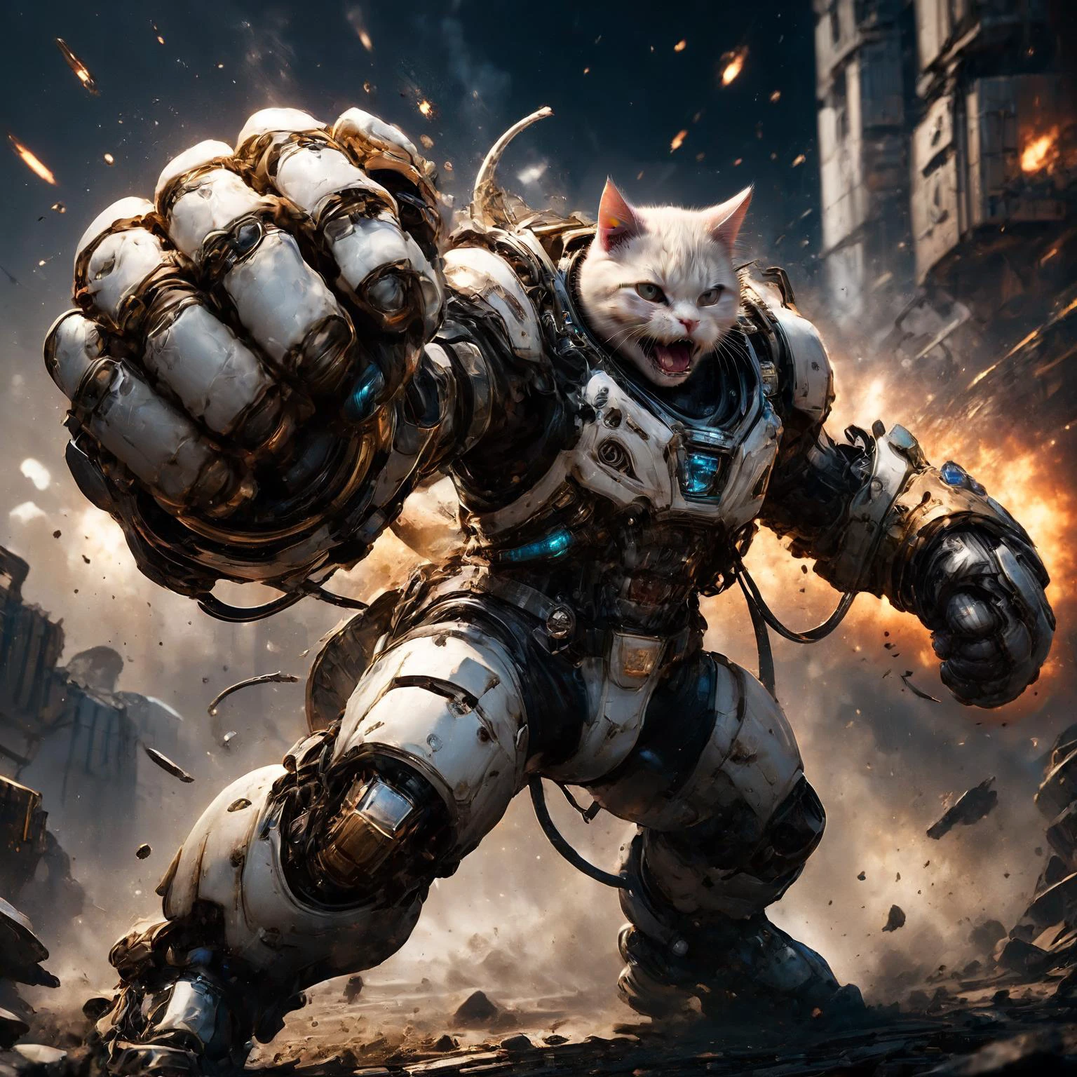 amazing quality, masterpiece, best quality, hyper detailed, ultra detailed, UHD, HDR, DOF, depth of field, sci-fi,
cat, (white hybrid gold:1.2) giant mechanical arms, fighting stance, hand up,( opened mouth, angry:1.2), spacecraft in background,( punching:1.3),
glowing, shine, dazzling, (explosion:1.2) in background, outstretched arm, outstretched hand, (night:1.2),
<lora:cfc-giant-mechanical-arms:0.8>,
<lora:ral-vlntxplzn-sdxl:0.5>, ral-vlntxplzn,
<lora:EnvyActionShotXL01:0.75>, action shot,
<lora:add-detail-xl:0.7>,
<lora:EnvyBetterHiresFixXL01:1.0>,
<lora:extremely_detailed:0.7>, extremely detailed,