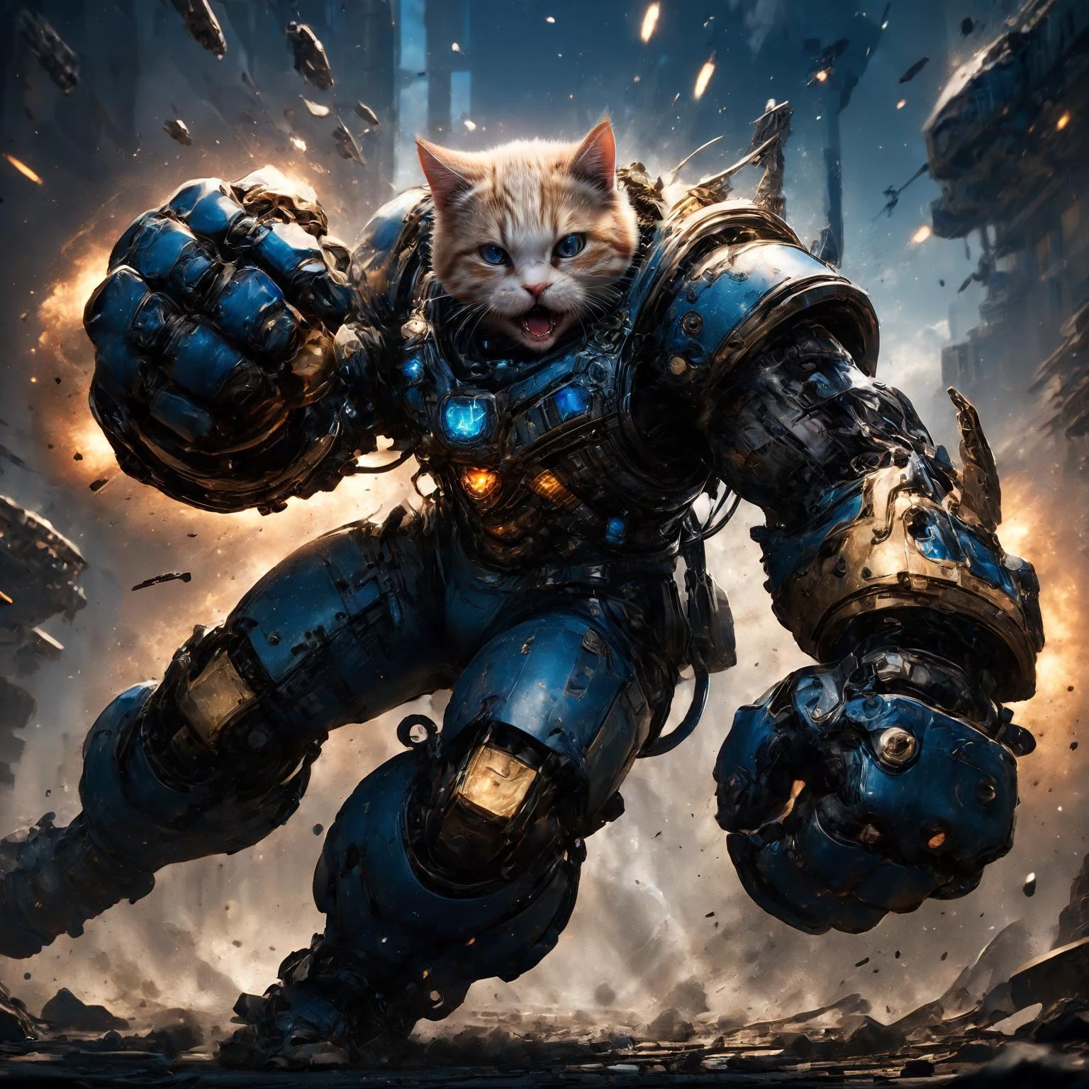 amazing quality, masterpiece, best quality, hyper detailed, ultra detailed, UHD, HDR, DOF, depth of field, sci-fi,
cat, (blue hybrid gold:1.2) giant mechanical arms, fighting stance, hand up,( opened mouth, angry:1.2), spacecraft in background,( punching:1.3),
glowing, shine, dazzling, (explosion:1.2) in background, outstretched arm, outstretched hand, (night:1.2),
<lora:cfc-giant-mechanical-arms:0.8>,
<lora:ral-vlntxplzn-sdxl:0.5>, ral-vlntxplzn,
<lora:EnvyActionShotXL01:0.75>, action shot,
<lora:add-detail-xl:0.7>,
<lora:EnvyBetterHiresFixXL01:1.0>,
<lora:extremely_detailed:0.7>, extremely detailed,