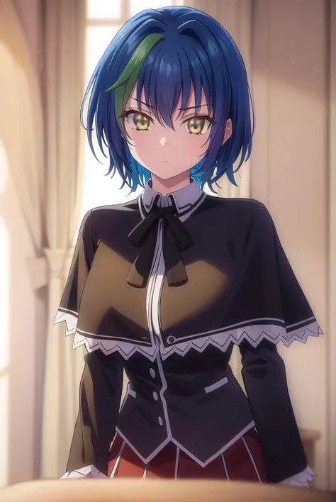 xenoviaquarta, <lora:dxd xenovia quarta anime s2-lora-nochekaiser:1>,
xenovia quarta, short hair, blue hair, (yellow eyes:1.5), multicolored hair, green hair, two-tone hair, streaked hair,
BREAK shirt, ribbon, school uniform, white shirt, black ribbon, neck ribbon, capelet, black capelet, long sleeves, skirt, red skirt,
BREAK indoors, classroom,
BREAK looking at viewer, (cowboy shot:1.5),
BREAK <lyco:GoodHands-beta2:1>, (masterpiece:1.2), best quality, high resolution, unity 8k wallpaper, (illustration:0.8), (beautiful detailed eyes:1.6), extremely detailed face, perfect lighting, extremely detailed CG, (perfect hands, perfect anatomy),