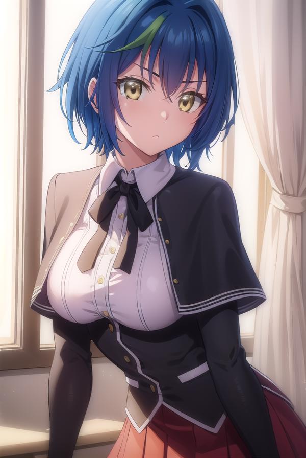 Anime girl with blue hair and a white shirt and red skirt - SeaArt AI
