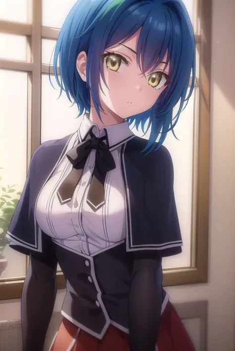 xenoviaquarta, <lora:dxd xenovia quarta anime s2-lora-nochekaiser:1>,
xenovia quarta, short hair, blue hair, (yellow eyes:1.5), multicolored hair, green hair, two-tone hair, streaked hair,
BREAK shirt, ribbon, school uniform, white shirt, black ribbon, neck ribbon, capelet, black capelet, long sleeves, skirt, red skirt,
BREAK indoors, classroom,
BREAK looking at viewer, (cowboy shot:1.5),
BREAK <lyco:GoodHands-beta2:1>, (masterpiece:1.2), best quality, high resolution, unity 8k wallpaper, (illustration:0.8), (beautiful detailed eyes:1.6), extremely detailed face, perfect lighting, extremely detailed CG, (perfect hands, perfect anatomy),
