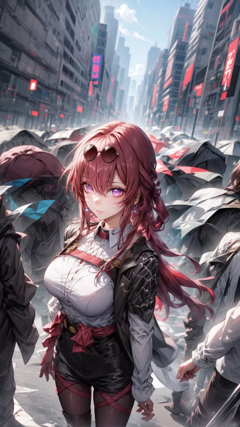 (masterpiece, 4k, 8k, ultra hires, exremely detailed, good shadow, good light, deep shadow, unreal, high resolution, ultra detailed, best quality, ultra high res, visually stunning, beautiful, award-winning art, best quality, stunningly beautiful:1.2),  <lora:StarRail_Kafka_AP_v4:1>, ((1girl)), official, purple eyes, city, (rain:1.2), detailed background, girl focus, (blurred crowd:1.2), crossroads, (from above:1.4), realistic, photo,  <lora:add_detail:1>, <lora:midjourney_20230624181825:0.5>, midjourney, full body,