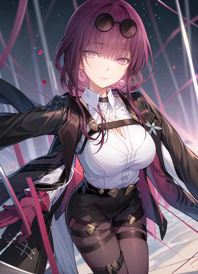 ,(masterpiece:1.2), best quality, highest quality,8k,(illustration:1.2),
,(earrings:0.4), (bowtie:0.6), dynamic pose,depth of field, (thigh strap:0.4),cleavage, large breasts, rose,daylight,lumination,beach,
closed mouth,
<lora:kafkaHonkaiStarRail_v10:0.9>,official, purple eyes, (empty eyes:1.2), eyewear on head, black jacket, jacket on shoulders, shirt, shorts, pantyhose, boots