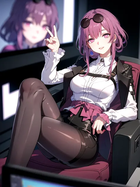((masterpiece)) ((sfw))
(portrait) (from_above) (facing_viewer)
(blurry_background) (spacecraft_interior) (monitors_in_background) (television_in_background)
(looking_at_viewer) (head_tilt)
(sitting) (relaxed) (light_smile) (parted_lips)
(pink_eyes) (empty_eyes)
(eyewear_on_head) (pantyhose) (boots)
<lora:StarRail_Kafka_AP_v1:0.7>