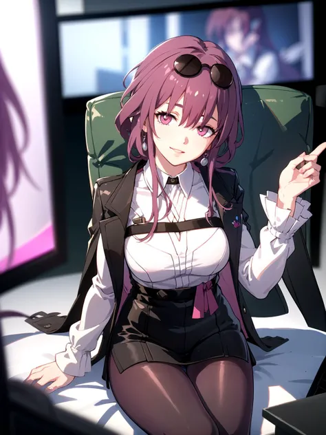 ((masterpiece)) ((sfw))
(portrait) (from_above) (facing_viewer)
(blurry_background) (spacecraft_interior) (monitors_in_background) (television_in_background)
(looking_at_viewer) (head_tilt)
(sitting) (relaxed) (light_smile) (parted_lips)
(pink_eyes) (empty_eyes)
(eyewear_on_head) (pantyhose) (boots)
<lora:StarRail_Kafka_AP_v1:0.7>