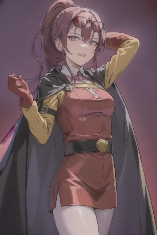 ((masterpiece:1.4 ,best quality)), highres, high definition, high quality, colorful, saturated, detailed, fine hair texture, intricate detail, (dramatic backlighting:1.3), anime, 1girl, official, purple eyes, kafka, honkai star rail, smile, camera pointing up, smirk, evil grin, (looking at viewer, looking down at viewer), simple background, (red background:1.5), pink neon web in background, purple pantyhose, purple hair, round sunglasses on forehead, curly hair, long ponytail, <lora:StarRail_Kafka_AP_v4:0.5>, <lora:OnePunchMan:0.5>, yellow bodysuit, belt, red gloves, red boots, white cloak, yellow shirt, yellow skirt, yellow pantyhose