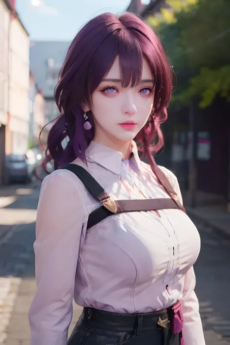 masterpiece, best quality, raw photo, (realistic), photorealistic, ultra high res, Depth-Of-Field, cinematic light, rim light, dark, (darkness),
1girl, official, purple eyes, detailed eyes, purple hair, evil face, shirt, looking at viewer,
europe(town), <lora:KafkaHonkai_v4:1>