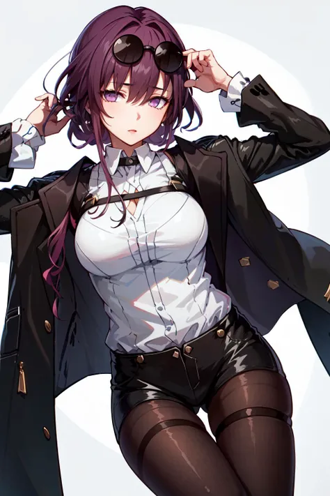 masterpiece, best quality, 1girl,  1girl, official, black jacket, jacket on shoulders, shirt, shorts, pantyhose, eyewear on head, purple eyes, (empty eyes:1.2),