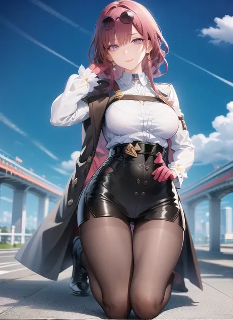 (detailed face:1.5), 8k,1girl, (masterpiece), best quality, highest quality, (full legs:1.5), original, highres, unparalleled masterpiece, ((perfect female figure)), detailed skin, looking at viewer, Kafka, shirt, white shirt, jacket, purple hair, long sleeves, eyewear on head, sunglasses, boots, gloves, thigh boots, pantyhose, standing, (white background), closed mouth, smile, looking at viewer, <lora:StarRail_Kafka_AP_v4:1>