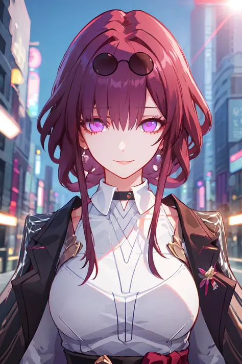 {{Masterpiece, Best Quality, High Solution, Depth-Of-Field, Extremely Detailed CG, Unity 8k Wallpaper, Cinematic Lighting, Lens Flare}} Maximum Clarity And Sharpness, Multi-Layered Textures,
1girl, official, purple eyes, empty eye, shirt, smile, looking at viewer,
tokyo(city), <lora:KafkaHonkai_v4:1>